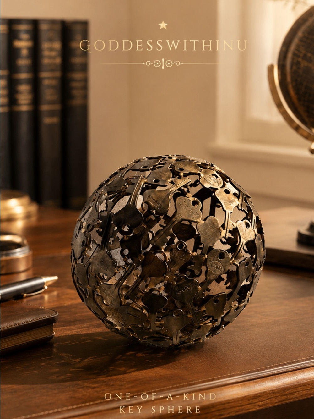 6.5" Artisan Metal Key Sphere Sculpture | Industrial Brass Weld